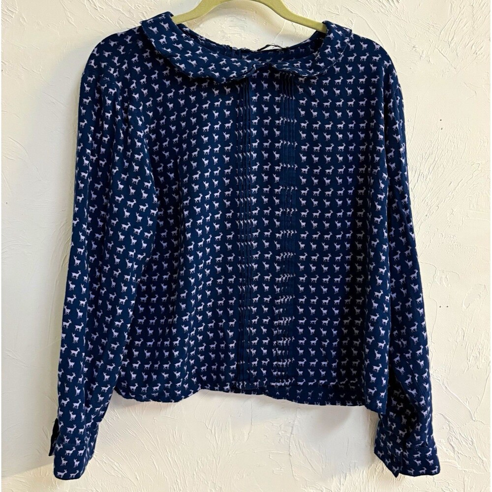Pretty Vacant Women’s Blouse-M Blue/Violet Deer Print Long Sleeve